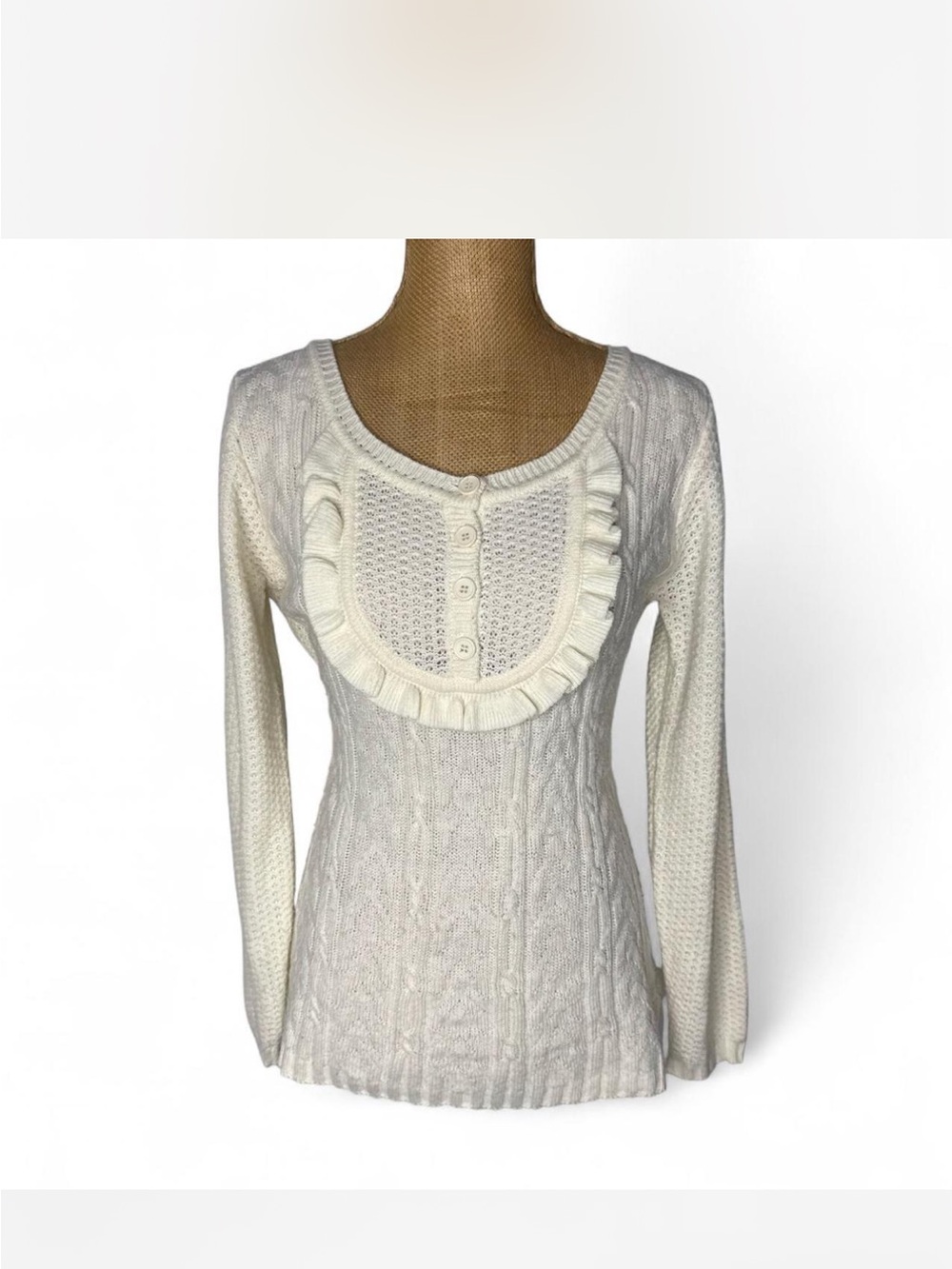 Cream Ruffled Cable Knit lightweight Sweater